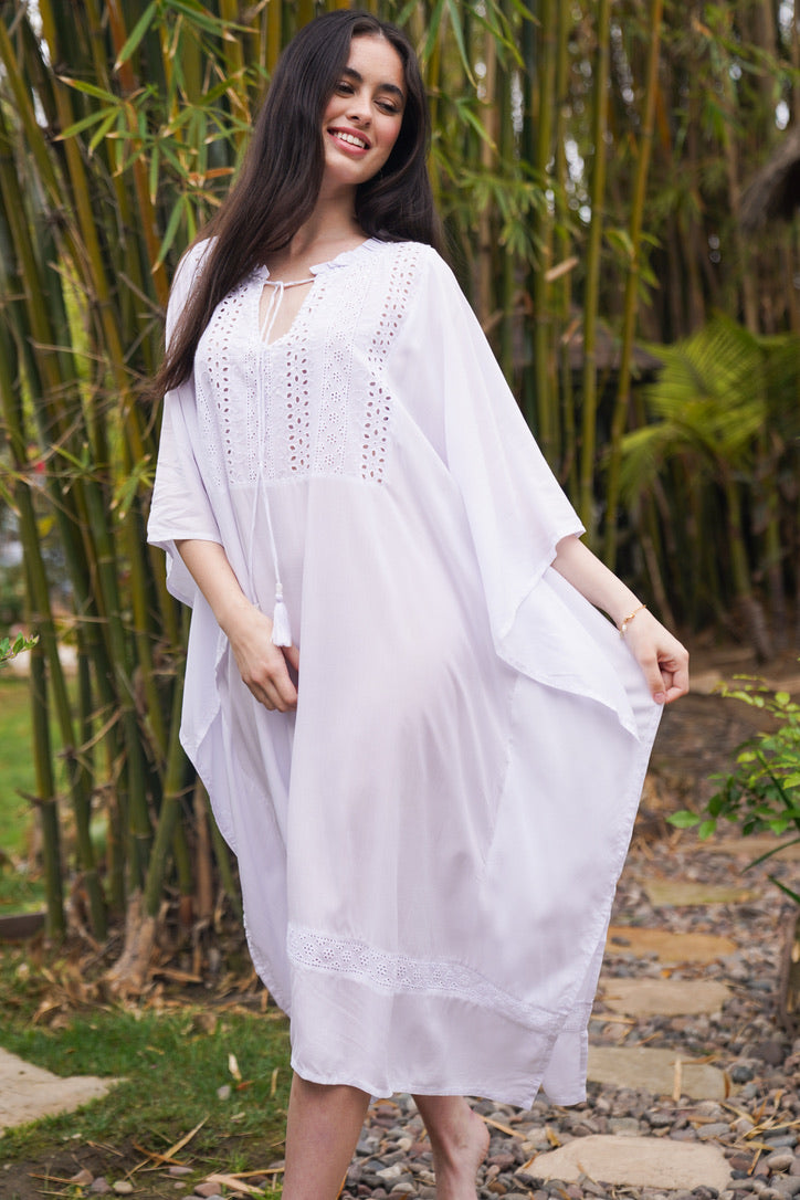 Eyelet Gypsy Caftan | Chic Short Caftans Luxe Boho Beach & Resort Wear | Coco Rose One Size / White / Rayon Eyelet Gypsy Caftan | Chic Short Caftans Luxe Boho Beach & Resort Wear | Coco Rose One Size / White / Rayon