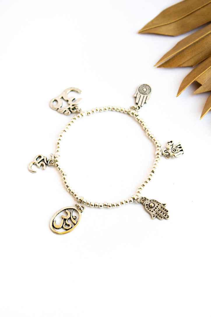 Ohm & Hamsa Charm Alloy Stretch Bracelet | Shop Bali Queen