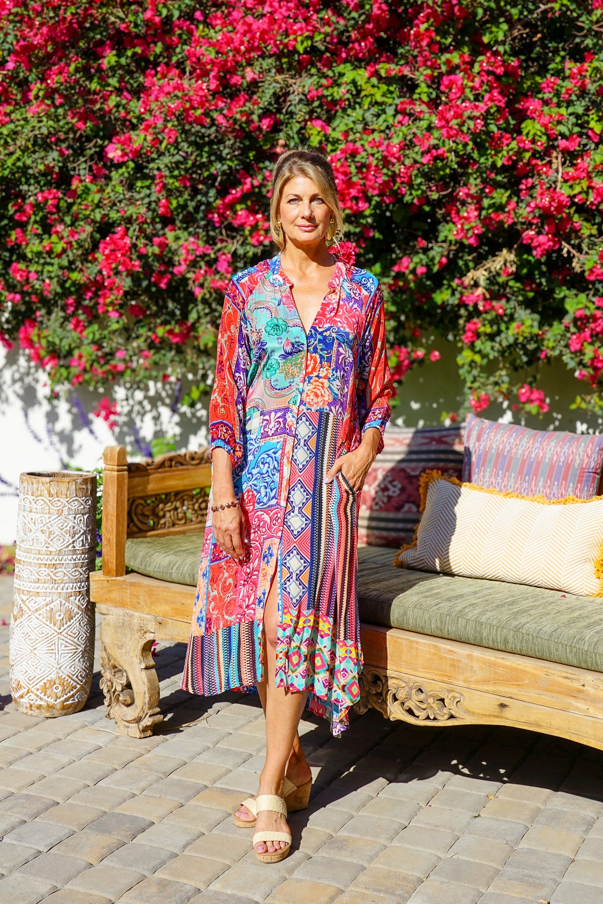 boho spring dress Long Sleeve Floral Maxi Gown - Pink Boho Flowy V Neck Ruffle Dress
