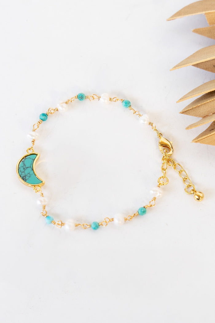 18K Crescent Moon Pearl & Turquoise Bracelet | Shop Bali Queen