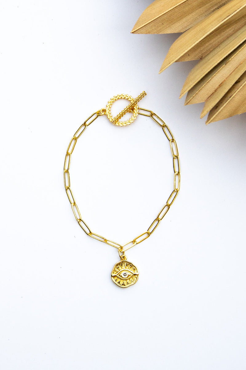 18K Link Evil Eye Coin Pendant Bracelet | Shop Bali Queen