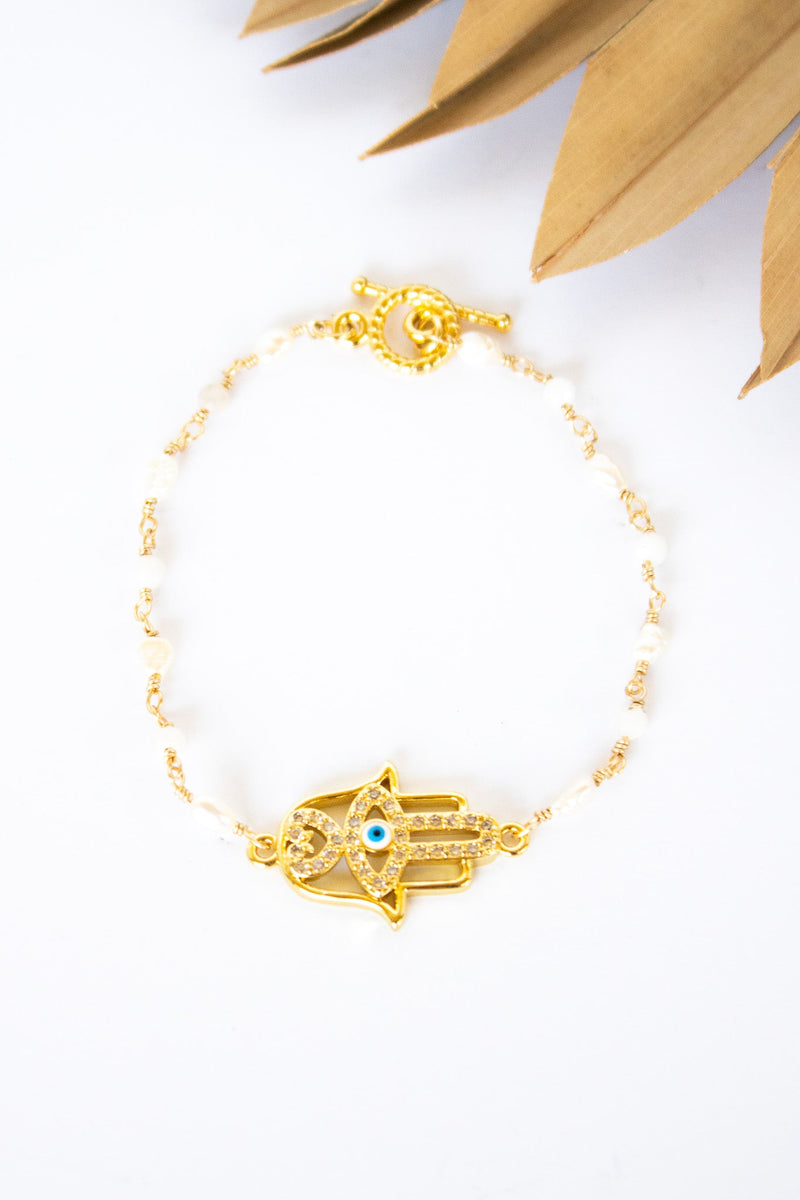 18K Toggle Golden Hamsa Selenite & Pearl Bracelet | Shop Bali Queen