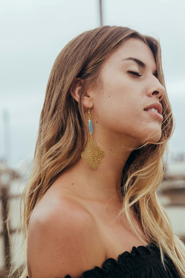 earrings, laser cut, sea glass, bali queen, shoulder duster , gold, coco rose