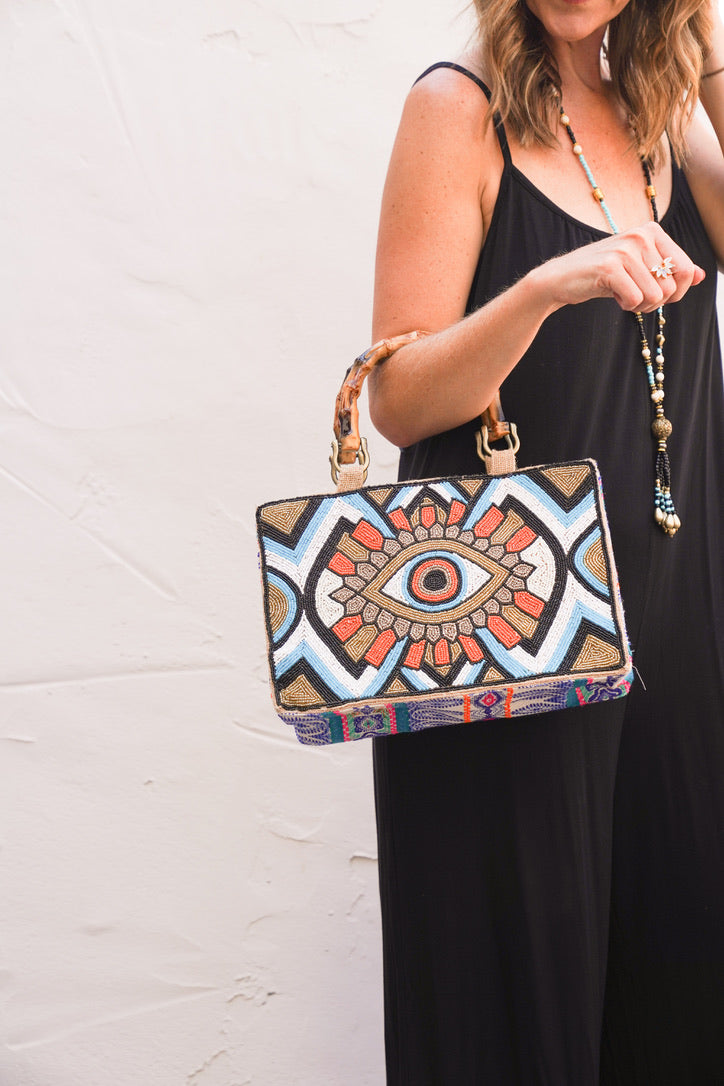 Boho Burlap Evil Eye Purse