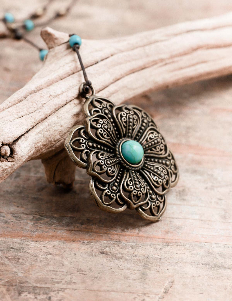 Bronze and Turquoise Flower Alloy Necklace