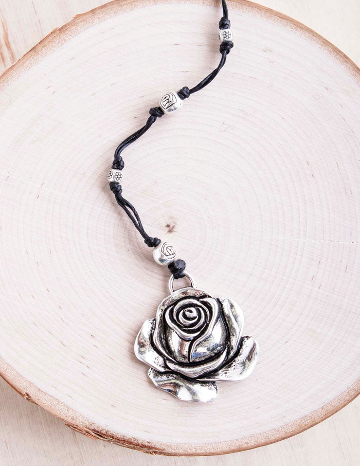  alloy, bali queen, coco rose, silver, rhodium, hypoallergenic, tribal jewelry, rose, flower necklace