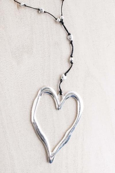 silver open heart, silver heart necklace, big heart necklace, artisan heart necklace, hammered heart necklace, long heart silver necklace, hypo allergenic necklace, 