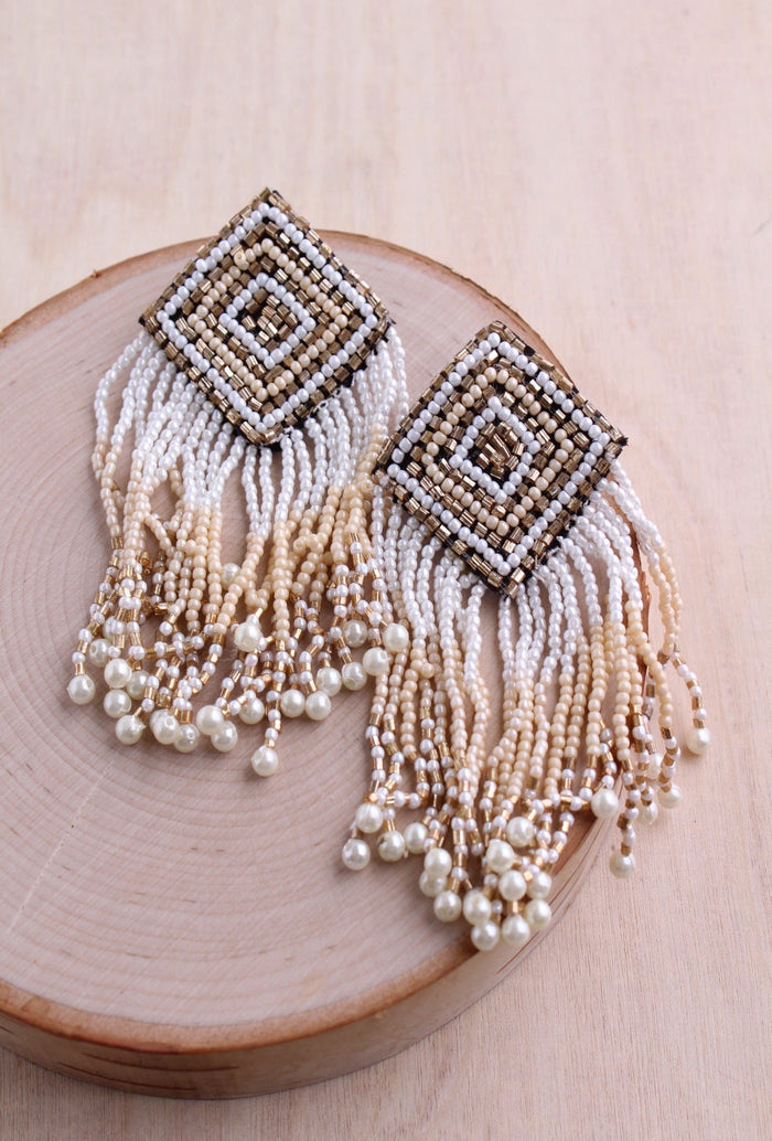 beaded earrings, embellished, geometric earring, crystal beads, pearls, bali queen, boho, coco rose 