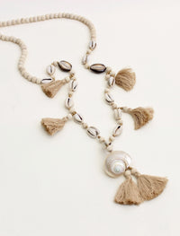 Cowrie Shell and Tassel Necklace With Wood Beads