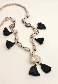 Cowrie Shell and Tassel Necklace With Wood Beads
