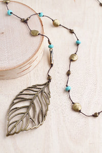 bronze leaf neckalce, antiqued, artisian, turquoise