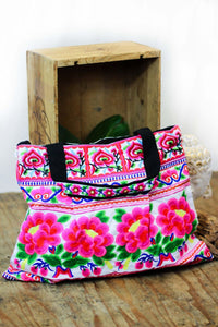 beach mag, embroidery, embroidered beach bag, Mexican flowers, Thailand, bright beach bag, resort wear, beach wear, bali queen, coco rose